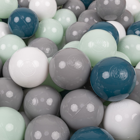 KiddyMoon Soft Plastic Play Balls ∅ 7cm/2.75in Multi-colour Made in EU, dark turquoise/grey/white/mint, 200 Balls/7cm-2.75in