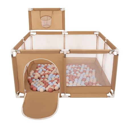 square play pen filled with plastic balls basketball, beige:pastel beige/pastel blue/salmon pink, 100 balls