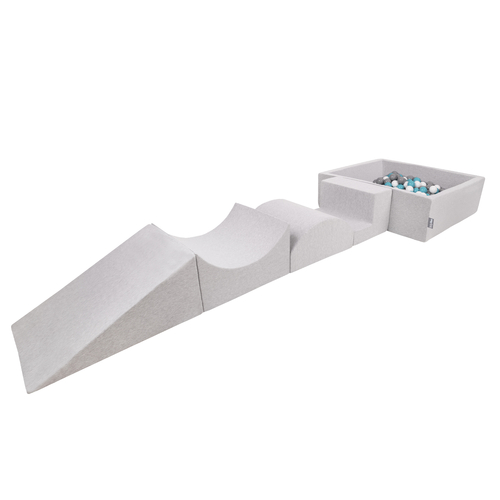 KiddyMoon Foam Playground for Kids with Square Ball pit ( ∅ 7cm/2.75In) Soft Obstacles Course and Ball Pool, Certified Made In The EU, lightgrey:grey/white/turquoise, Ballpit (200 Balls) + Version 5