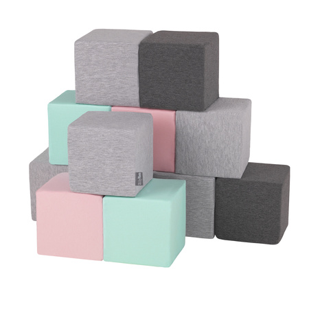 KiddyMoon Soft Foam Cubes Building Blocks 14cm for Children Multifunctional Foam Construction Montessori Toy for Babies, Certified Made in The EU, cubes:light grey-dark grey-pink-mint, 12 Pieces