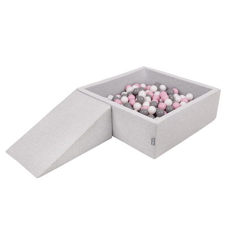 KiddyMoon Foam Playground for Kids with Square Ballpit ( ∅ 7cm/2.75In) Soft Obstacles Course and Ball Pool, Certified Made In The EU, lightgrey:white/grey/powderpink, Ballpit (100 Balls) + Wedge