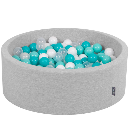 KiddyMoon Baby Foam Ball Pit with Balls ∅ 7cm / 2.75in Made in EU, light grey:lt turquoise/white/transparent/turquois, 90x30cm/300 balls