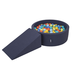 KiddyMoon Foam Playground for Kids with Round Ballpit ( ∅ 7cm/2.75In) Soft Obstacles Course and Ball Pool, Certified Made In The EU, darkblue:lgreen/orange/turquoise/blue/bblue/yellow, Ballpit (100 Balls) + Wedge