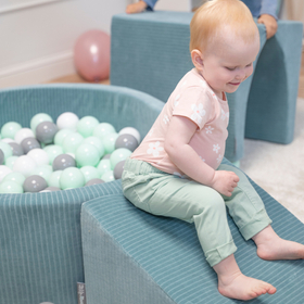 KiddyMoon Foam Playground For Kids Soft Textured Safe Blocks, green: white/grey/mint, Ballpit (100 Balls) + Wedge