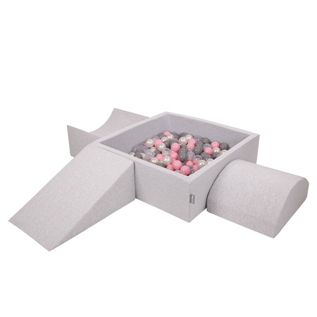 KiddyMoon Foam Playground for Kids with Square Ballpit ( ∅ 7cm/2.75In) Soft Obstacles Course and Ball Pool, Certified Made In The EU, lightgrey:pearl/grey/transparent/powderpink, Ballpit (200 Balls) + Version 4