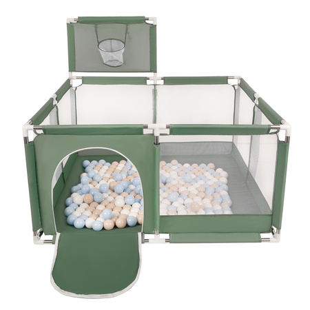 square play pen filled with plastic balls basketball, green:pastel beige/pastel blue/white, 400 balls