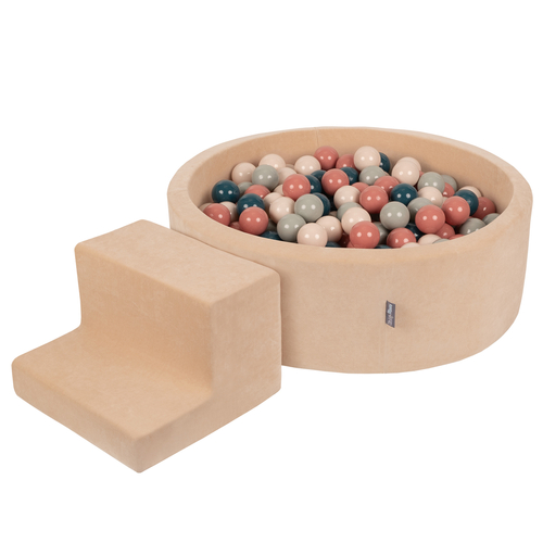 KiddyMoon Foam Playground Velvet for Kids with Round Ball pit (∅ 7cm/2.75In) Soft Obstacles Course and Ball Pool, Certified Made In The EU, Sand beige: dark turquoise/pastel beige/green/grey/salmon, Ballpit (200 Balls) + Steps