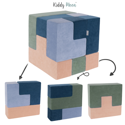 KiddyMoon Soft Foam Cubes with Velvet Cover Building Blocks for Children, laguna blue-forest green-desert pink-ice blue, 9 Pieces