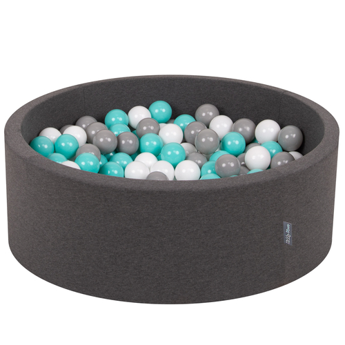 KiddyMoon Baby Foam Ball Pit with Balls ∅ 7cm / 2.75in Made in EU, dark grey:white/grey/light turquoise, 90x30cm/200 balls