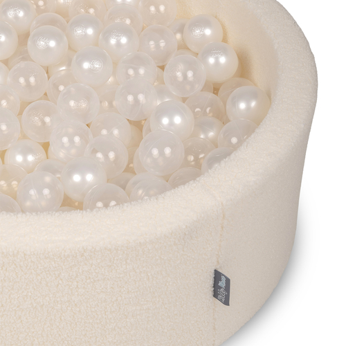 KiddyMoon Ball Pit for Baby with Teddy Plush, Large 7 cm Balls for a Fuller Ball Pit, From 8 Months, Removable Cover, Cream: Pearl/Transparent, 90 x 30 cm / 300 Balls
