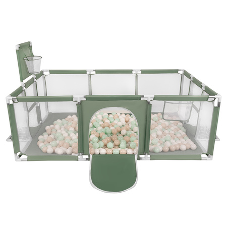 Baby Playpen Big Size Playground with Plastic Balls for Kids, green:pastel beige/white/mint, 100 balls