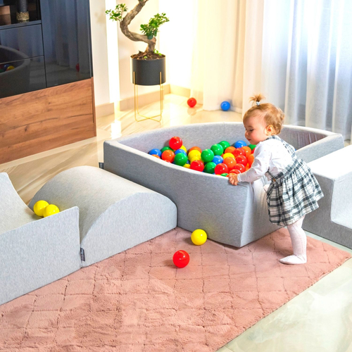 KiddyMoon Foam Playground for Kids with Quarter Angular Ballpit and Balls, lightgrey:powderpink/pearl/transparent, Ballpit (200 Balls) + Version 3