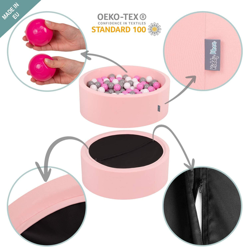 KiddyMoon Baby Foam Ball Pit with Balls ∅ 7cm / 2.75in Made in EU, Flamingo: pink/light pink/black, 90x30cm/200 balls