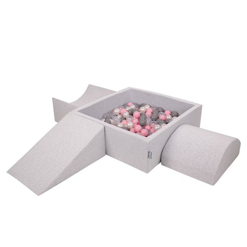 KiddyMoon Foam Playground for Kids with Square Ballpit ( ∅ 7cm/2.75In) Soft Obstacles Course and Ball Pool, Made In The EU, lightgrey:pearl/grey/transparent/powderpink, Ballpit (300 Balls) + Version 4