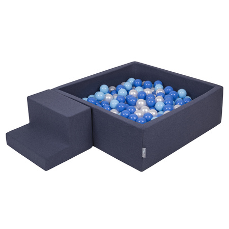 KiddyMoon Foam Playground for Kids with Square Ballpit ( ∅ 7cm/2.75In) Soft Obstacles Course and Ball Pool, Certified Made In The EU, darkblue:babyblue/blue/pearl, Ballpit (200 Balls) + Steps