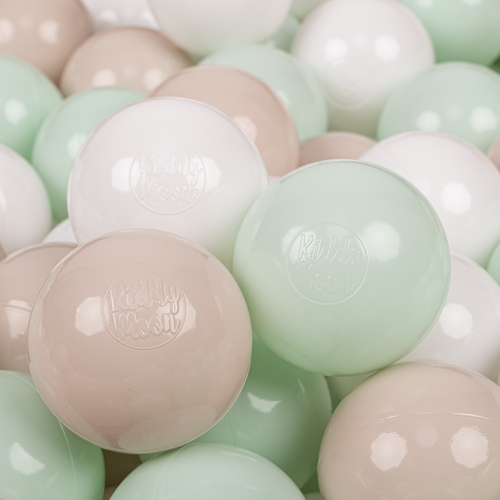 KiddyMoon Soft Plastic Play Balls ∅ 7cm/2.75in Multi-colour Made in EU, pastel beige/white/mint, 300 Balls/7cm-2.75in
