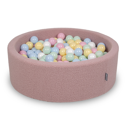 KiddyMoon Ball Pit for Baby with Teddy Plush, Large 7 cm Balls for a Fuller Ball Pit, From 8 Months, Removable Cover, Pink: Pastel Blue/Pastel Yellow/White/Mint/Powder Pink, 90 x 30 cm / 200 Balls