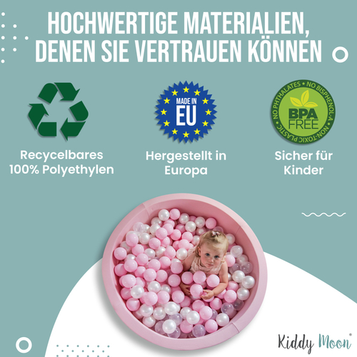 KiddyMoon Soft Plastic Play Balls ∅ 7cm/2.75in Multi-colour Made in EU, l.green/yellow/turquoise/orange/d.pink/purple, 100 Balls/7cm-2.75in