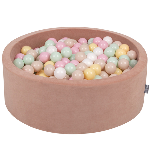 KiddyMoon Soft Ball Pit Round ∅ 7cm / 2.75In for Kids, Foam Velvet Ball Pool Baby Playballs, Made In The EU, desert pink:pastel beige/pastel yellow/white/mint/powder pink, 90x30cm/300 balls
