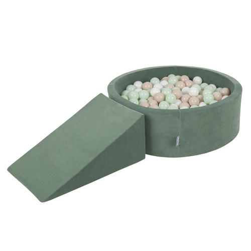 KiddyMoon Foam Playground Velvet for Kids with Round Ball pit ( ∅ 7cm/2.75In) Soft Obstacles Course and Ball Pool, Certified Made In The EU, forest green:pastel beige/white/mint, Ballpit (200 Balls) + Wedge