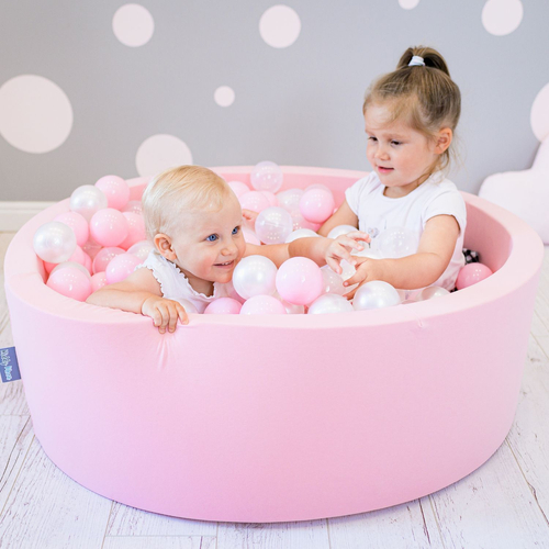 KiddyMoon Baby Foam Ball Pit with Balls ∅ 7cm / 2.75in Made in EU, pink:powder pink/pearl/transparent, 90x30cm/200 balls