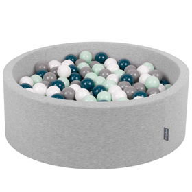 KiddyMoon Baby Foam Ball Pit with Balls ∅ 7cm / 2.75in Made in EU, light grey:dark turquoise/grey/white/mint, 90x30cm/200 balls
