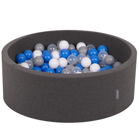 KiddyMoon Baby Foam Ball Pit with Balls ∅ 7cm / 2.75in Made in EU, dark grey:white/blue/transparent, 90x30cm/200 balls