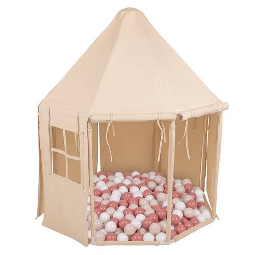 KiddyMoon Play Tent for Kids Pavilion Playhouse Cotton Fabric Indoor Outdoor Use Foldable Design Easy Assembly And Storage Perfect For Play Relaxing And Imaginative Adventures, natural: pastel beige/salmon/white, 100 Balls