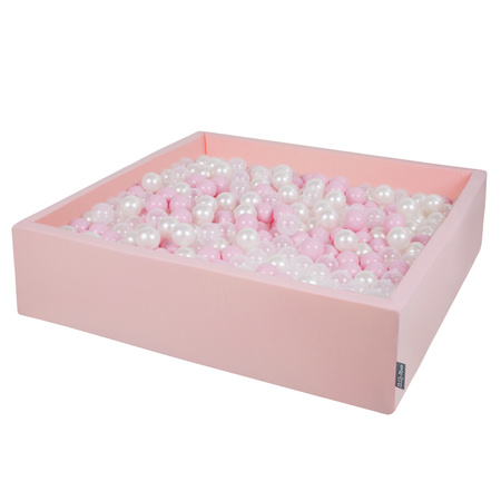 KiddyMoon Soft Ball Pit Square  ∅ 7Cm / 2.75In For Kids, Foam Ball Pool Baby Playballs Children, Made In The EU, pink:powder pink-pearl-transparent, 120x30cm/200 balls