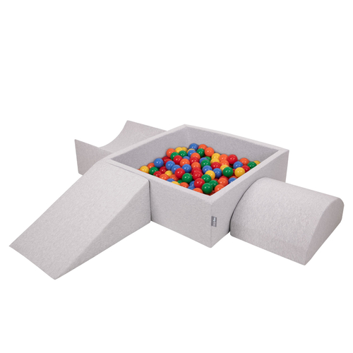KiddyMoon Foam Playground for Kids with Square Ballpit ( ∅ 7cm/2.75In) Soft Obstacles Course and Ball Pool, Certified Made In The EU, lightgrey:yellow/green/blue/red/orange, Ballpit (200 Balls) + Version 4