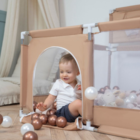 square play pen filled with plastic balls basketball, beige:pastel beige/copper/white/black, 100 balls