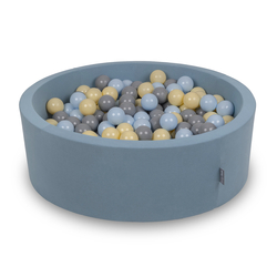 KiddyMoon Foam Ball Pit with Balls for Babies and Toddlers, Soft Sensory Play, Durable Removable Cover, Safe, blue: pastel blue/pastel yellow/gray, 90 x 30 cm / 200 Balls