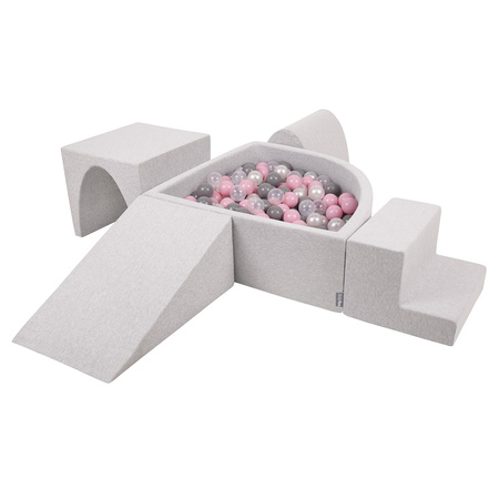 KiddyMoon Foam Playground for Kids with Quarter Angular Ballpit and Balls, lightgrey:pearl/grey/transparent/powderpink, Ballpit (200 Balls) + Version 3