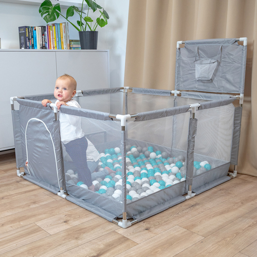 square play pen filled with plastic balls basketball, Grey:grey/white/turquoise, 200 balls