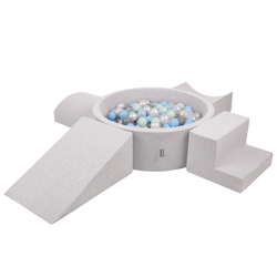 KiddyMoon Foam Playground for Kids with Round Ballpit ( ∅ 7cm/2.75In) Soft Obstacles Course and Ball Pool, Made In The EU, lightgrey:pearl/grey/transparent/babyblue/mint, Ballpit (200 Balls) + Version 5