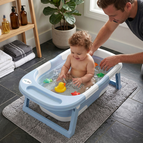 KiddyMoon Foldable Baby Bathtub Plastic Infant Bath Tub, Blue, M