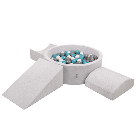 KiddyMoon Foam Playground for Kids with Round Ballpit ( ∅ 7cm/2.75In) Soft Obstacles Course and Ball Pool, Certified Made In The EU, lightgrey:grey/white/turquoise, Ballpit (300 Balls) + Version 4
