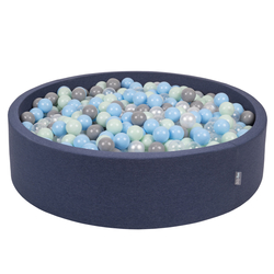 KiddyMoon Soft Ball Pit Round  ∅ 7Cm / 2.75In For Kids, Foam Ball Pool Baby Playballs Children, Made In The EU, dark blue:pearl/grey/transparent/babyblue/mint, 120x30cm/600 balls