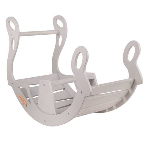 KiddyMoon Wooden Rocker for Kids Multifunctional Montessori Arch Wooden Toy Climbing Play Arch for Children, Seesaw Made of Wood for Babies WR-001, Grey, 90.6x39x69 cm