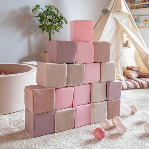 KiddyMoon Soft Foam Building Blocks for Babies & Toddlers, Washable Cotton Zip Cover, 14cm Cubes, Sensory Toy, cubes: heather-pink, 24 Pieces