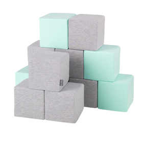 KiddyMoon Soft Foam Cubes Building Blocks 14cm for Children Multifunctional Foam Construction Montessori Toy for Babies, Certified Made in The EU, cubes:light grey-mint, 12 Pieces