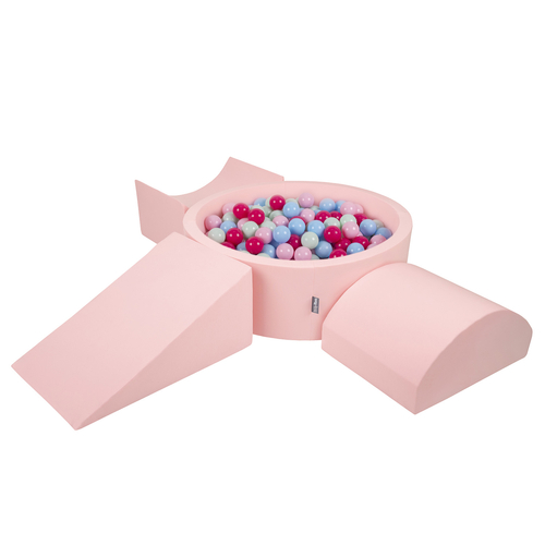 KiddyMoon Foam Playground for Kids with Round Ballpit ( ∅ 7cm/2.75In) Soft Obstacles Course and Ball Pool, Certified Made In The EU, pink:light pink/dark pink/babyblue/mint, Ballpit (300 Balls) + Version 4