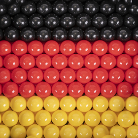 KiddyMoon Soft Plastic Play Balls ∅ 7cm/2.75in Multi-colour Made in EU, black/yellow/red, 50 Balls/7cm-2.75in