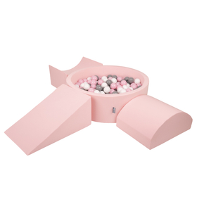KiddyMoon Foam Playground for Kids with Round Ballpit ( ∅ 7cm/2.75In) Soft Obstacles Course and Ball Pool, Certified Made In The EU, pink:white/grey/powder pink, Ballpit (300 Balls) + Version 4