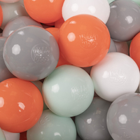 KiddyMoon Soft Plastic Play Balls ∅ 7cm/2.75in Multi-colour Made in EU, orange/mint/grey/white, 300 Balls/7cm-2.75in