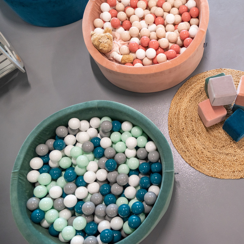 KiddyMoon Soft Ball Pit Round ∅ 7cm / 2.75In for Kids, Foam Velvet Ball Pool Baby Playballs, Made In The EU, forest green:dark turquoise/grey/white/mint, 90x30cm/200 balls