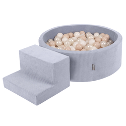 KiddyMoon Foam Playground For Kids Soft Textured Safe Blocks, dark grey: pastel beige/white/perle, Ballpit (100 Balls) + Steps