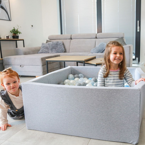KiddyMoon Baby Foam Ball Pit with Balls ∅ 7cm / 2.75in Square Made in EU, light grey:pearl/grey/transparent/baby blue/mint