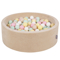 KiddyMoon Soft Ball Pit Round 7cm / 2.75In for Kids, Foam Velvet Ball Pool Baby Playballs, sand beige:pastel beige/pastel yellow/white/mint/light pink, 90 x 30 cm / 200 Balls
