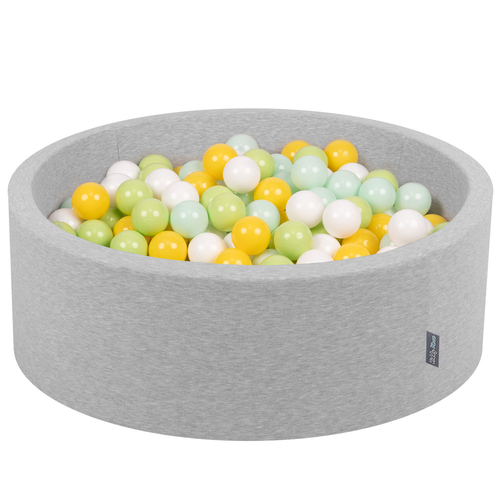 KiddyMoon Baby Foam Ball Pit with Balls ∅ 7cm / 2.75in Made in EU, light grey:white/mint/light green/yellow, 90x30cm/200 balls